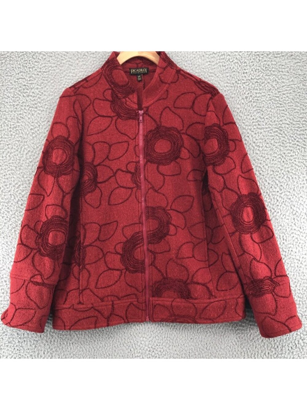Picadilly Fashions Jacket Women Small Red Wool Blend Embroidered Floral Full Zip